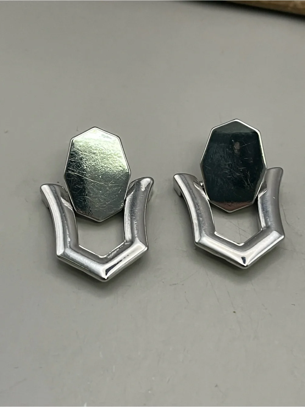 Vintage Inspired Silver Tone Geometric Statement Stud Earrings Art Deco Shield
